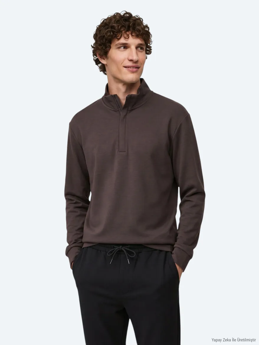 Brown Turtleneck Plain Sweatshirt - 4