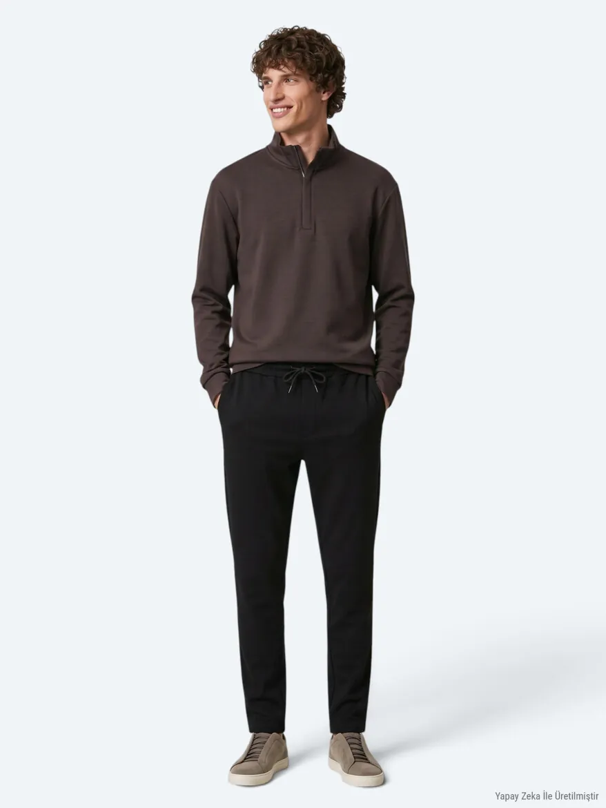Brown Turtleneck Plain Sweatshirt - 5