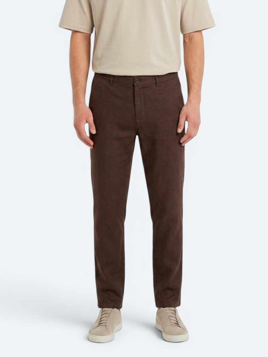 Brown Weaving Jogging Fit Casual 100% Linen Trousers - 2