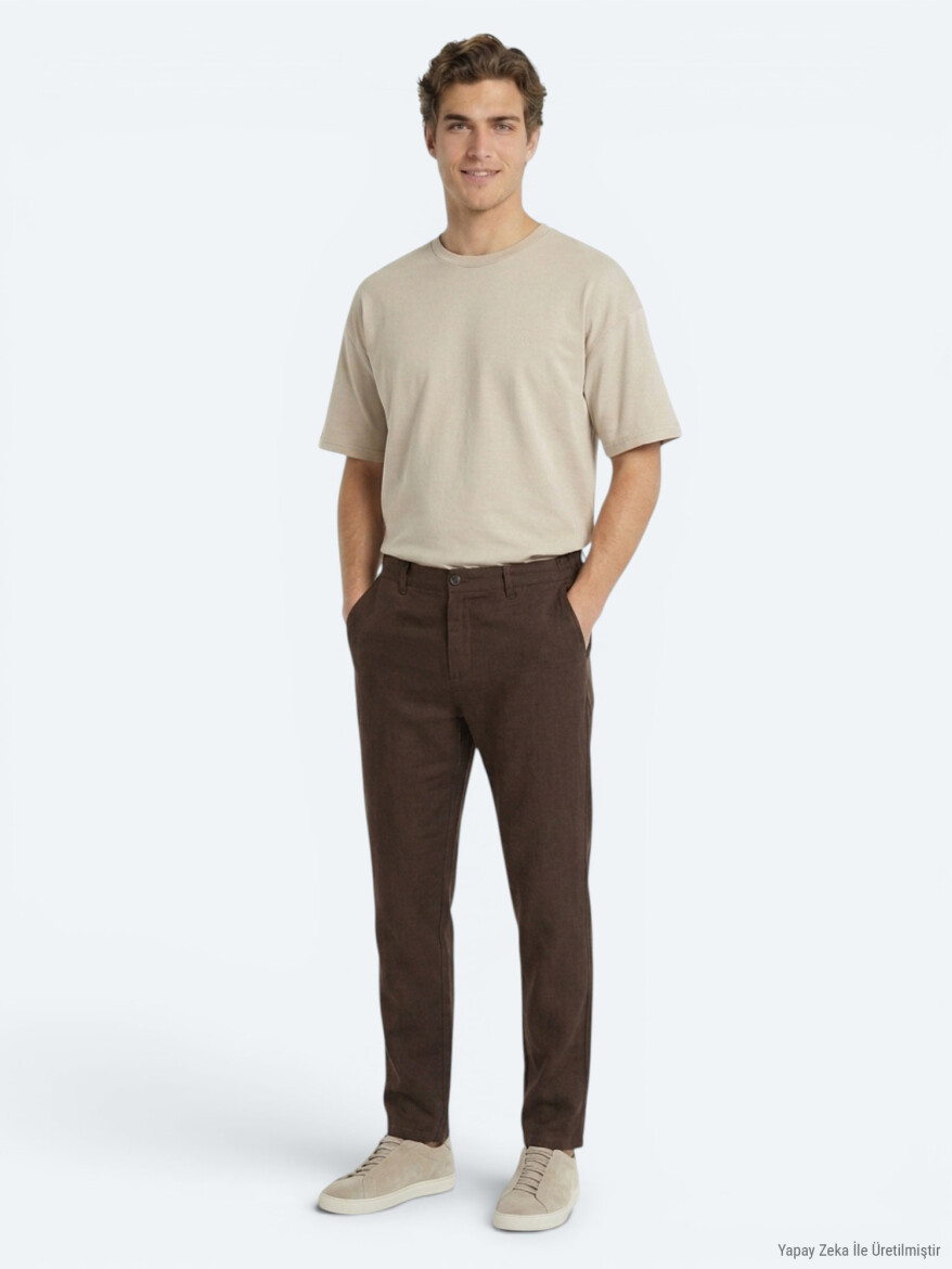 Brown Weaving Jogging Fit Casual 100% Linen Trousers - 1