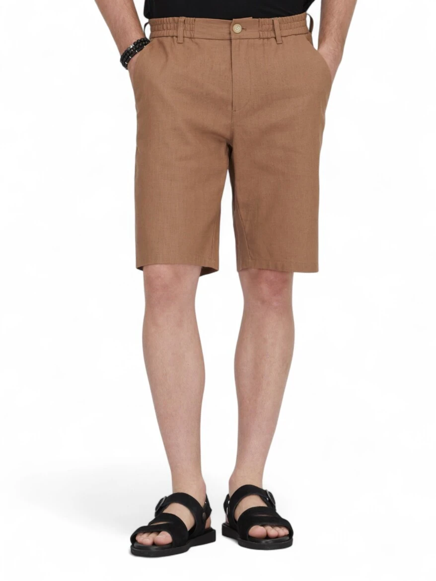 Brown Weaving Jogging Fit Casual Cotton Blended Bermuda - 2