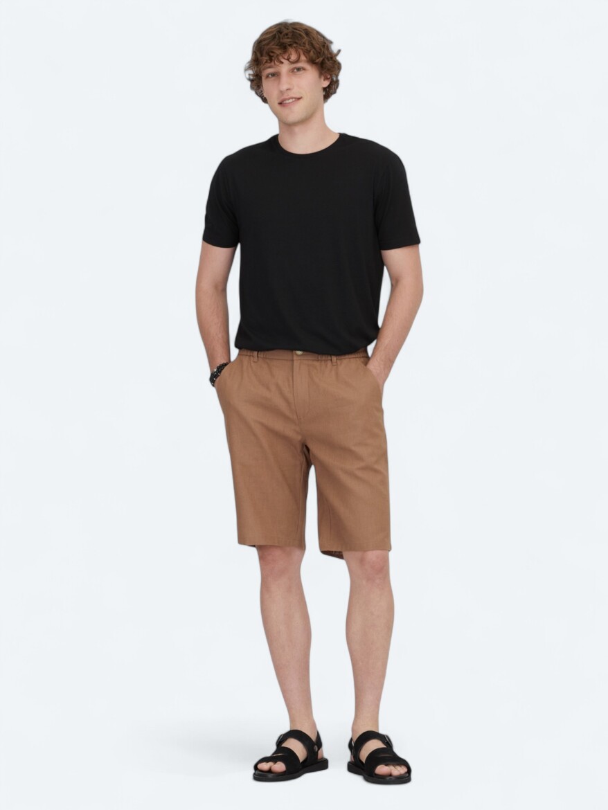 Brown Weaving Jogging Fit Casual Cotton Blended Bermuda - KİP