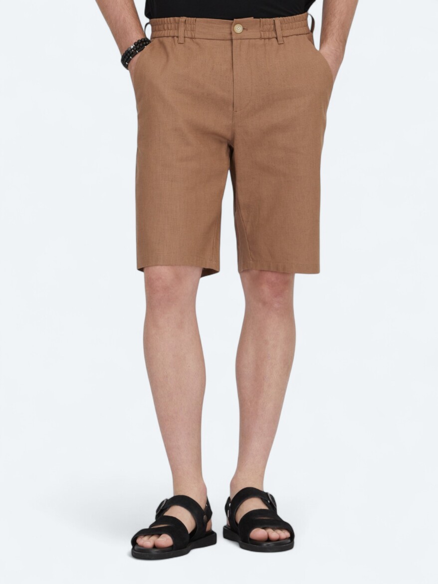 Brown Weaving Jogging Fit Casual Cotton Blended Bermuda - KİP