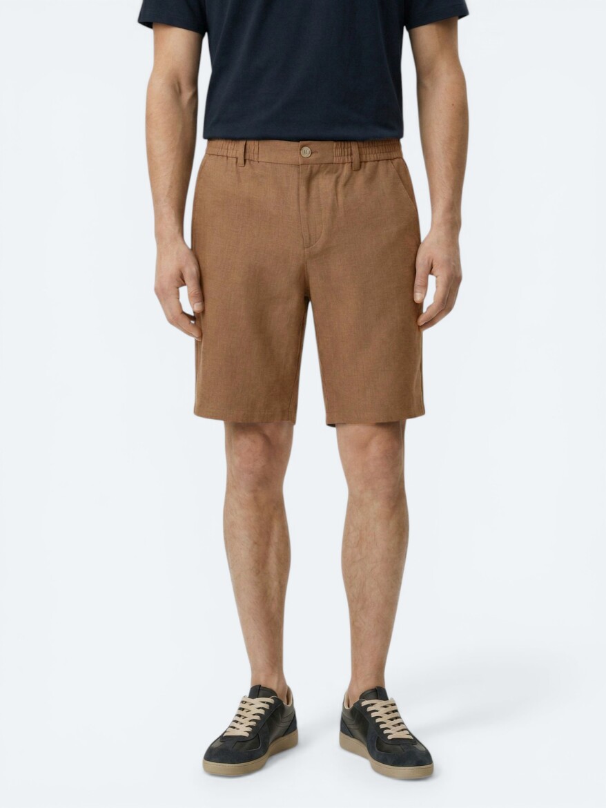 Brown Weaving Jogging Fit Casual Cotton Blended Bermuda - 2