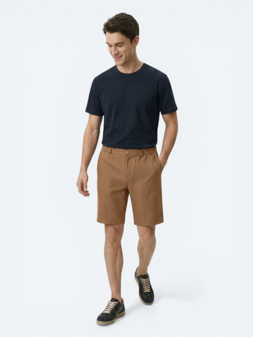Brown Weaving Jogging Fit Casual Cotton Blended Bermuda - 3