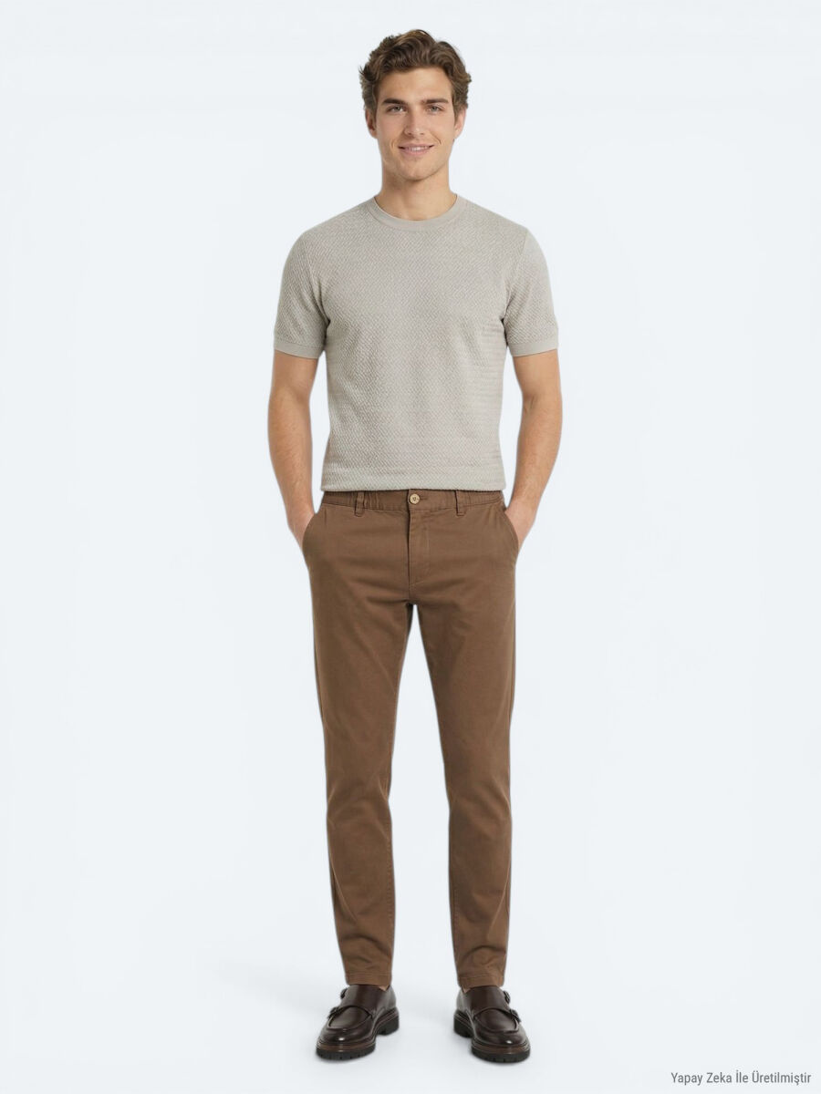 Brown Weaving Jogging Fit Casual Cotton Blended Trousers - 1
