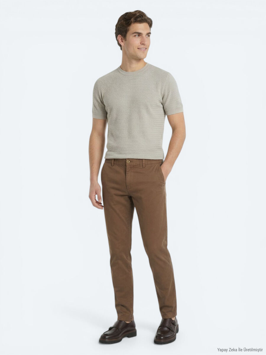 Brown Weaving Jogging Fit Casual Cotton Blended Trousers - 3