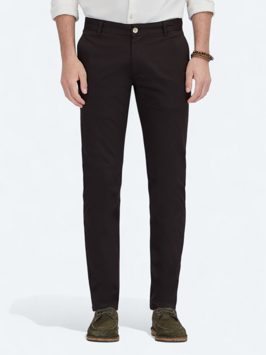 Brown Weaving Regular Fit Casual Cotton Blended Trousers - 2