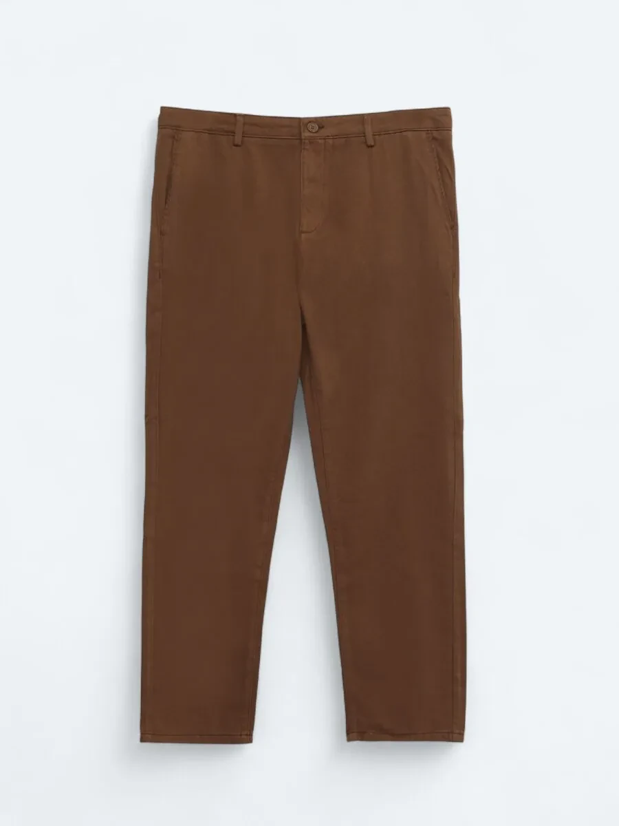 Brown Weaving Relaxed Fit Casual Cotton Blended Trousers - 1