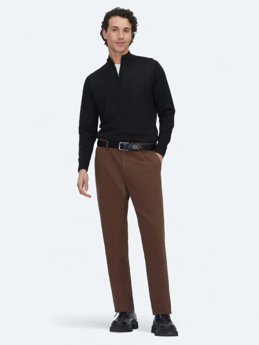 Brown Weaving Relaxed Fit Casual Cotton Blended Trousers - KİP