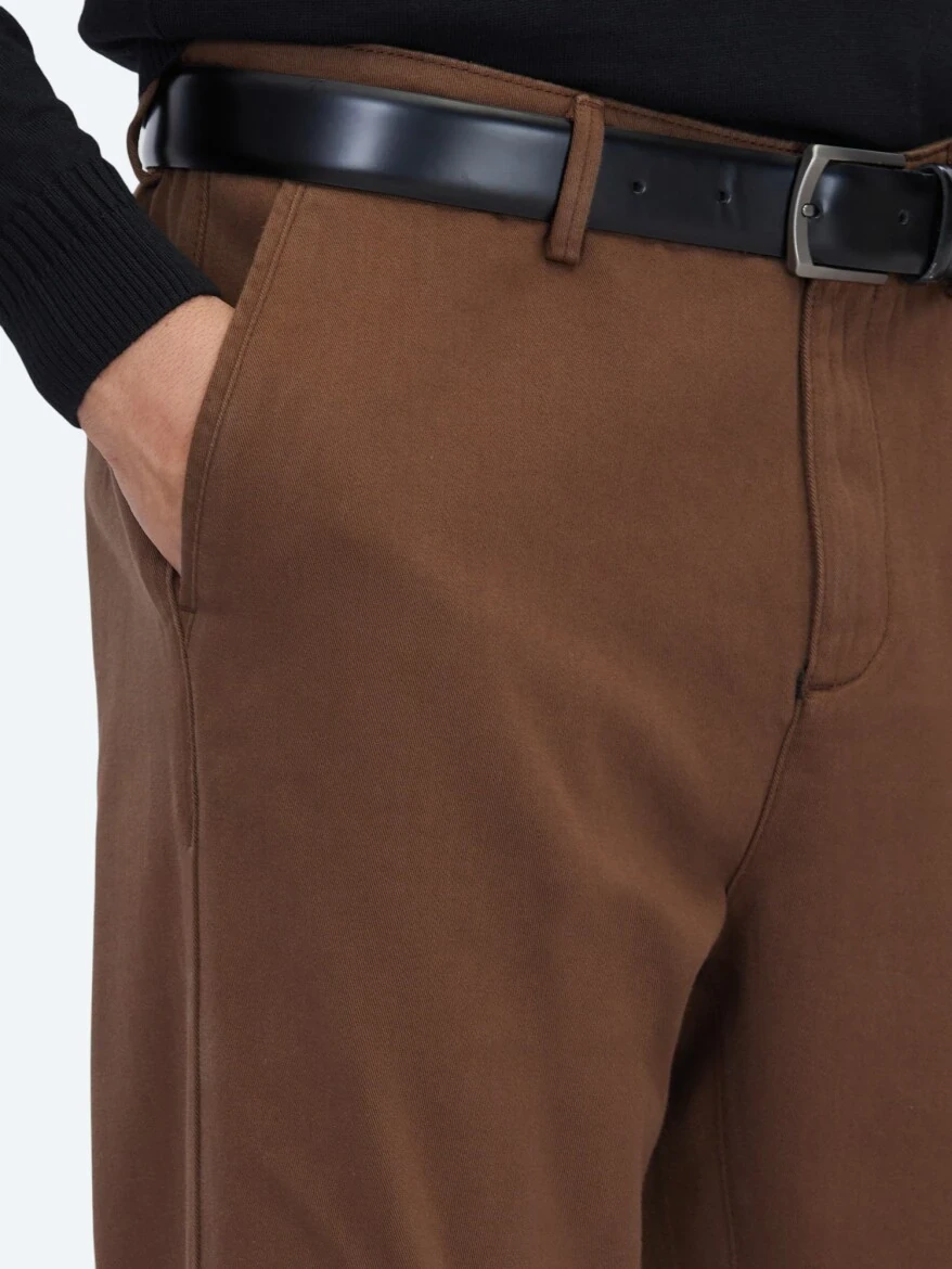 Brown Weaving Relaxed Fit Casual Cotton Blended Trousers - KİP