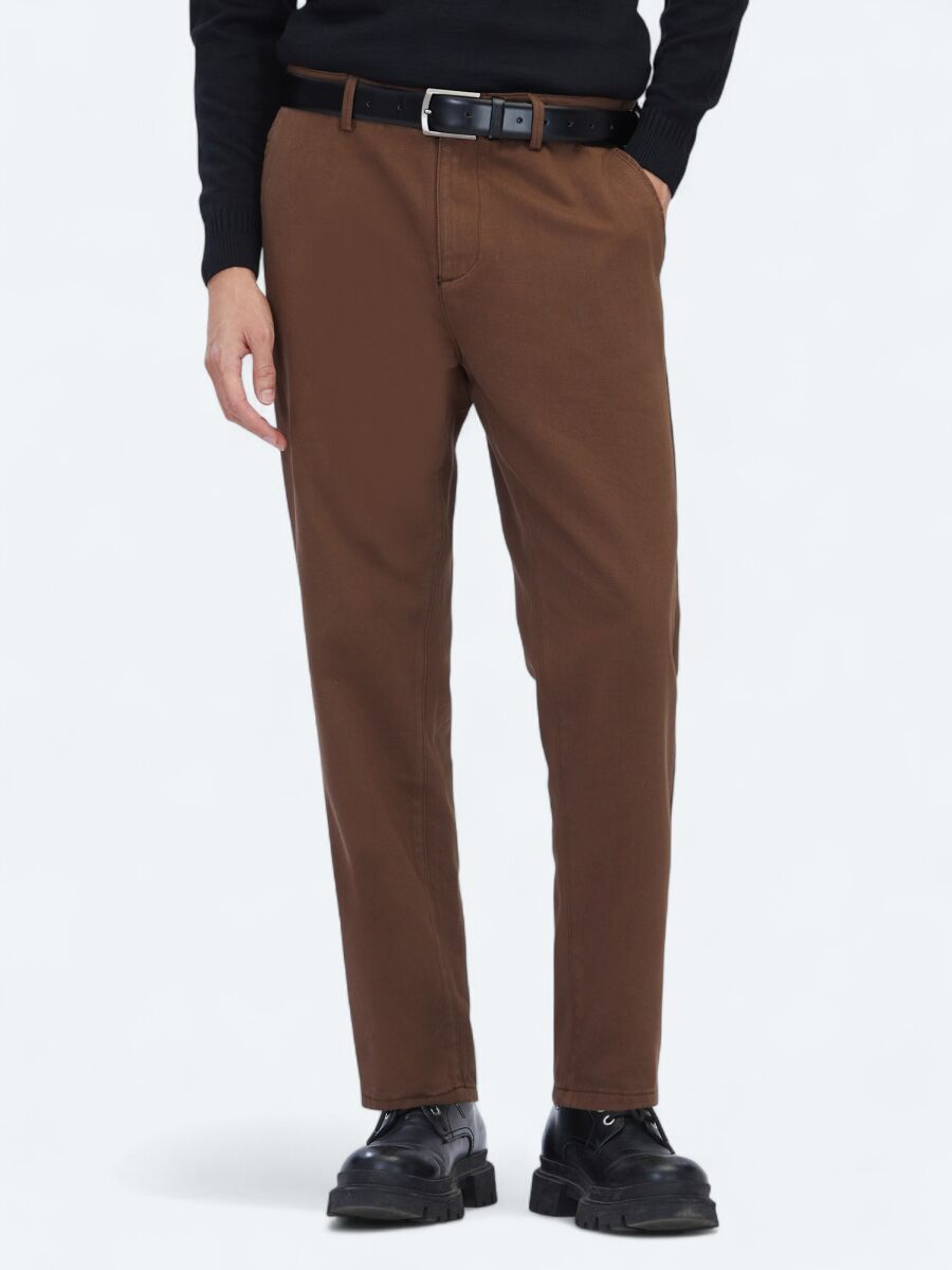 Brown Weaving Relaxed Fit Casual Cotton Blended Trousers - 2