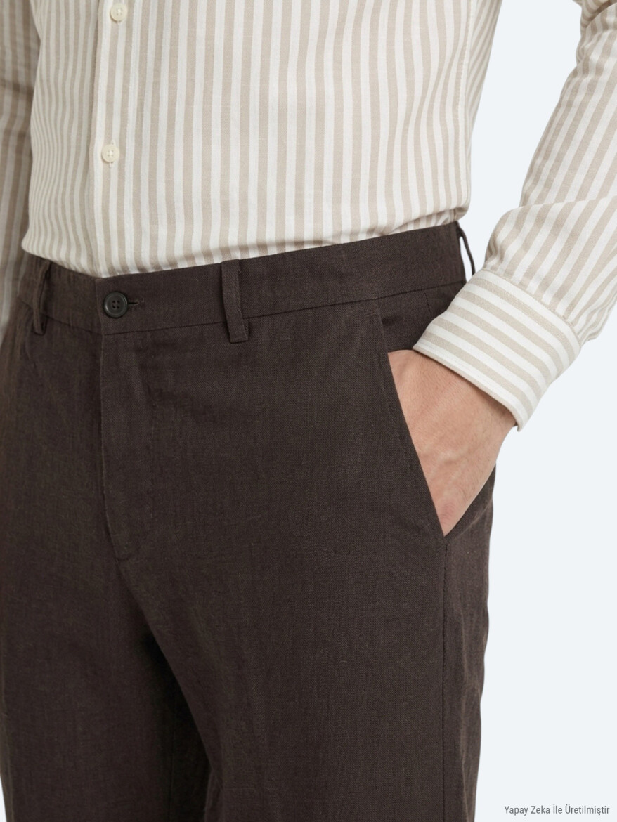 Brown Weaving Relaxed Fit Casual Cotton Blended Trousers - 2