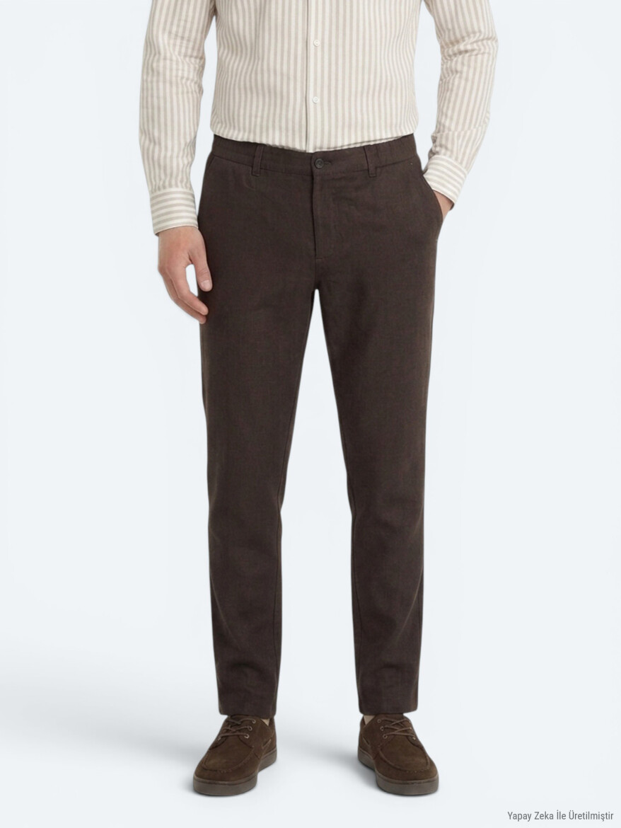 Brown Weaving Relaxed Fit Casual Cotton Blended Trousers - 3