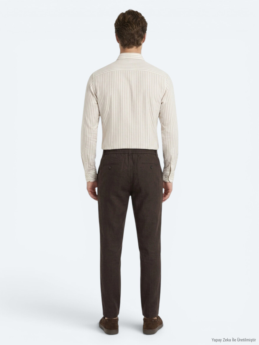 Brown Weaving Relaxed Fit Casual Cotton Blended Trousers - 5