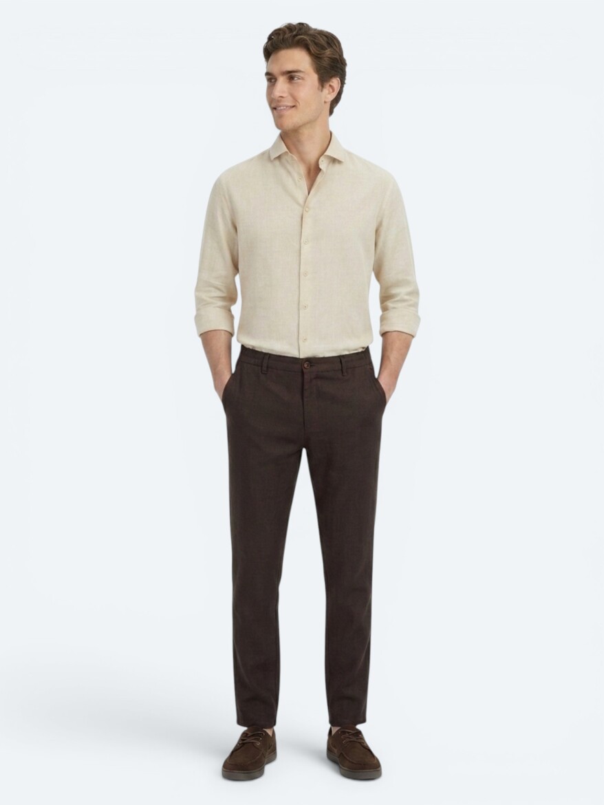 Brown Weaving Relaxed Fit Casual Cotton Blended Trousers - 4