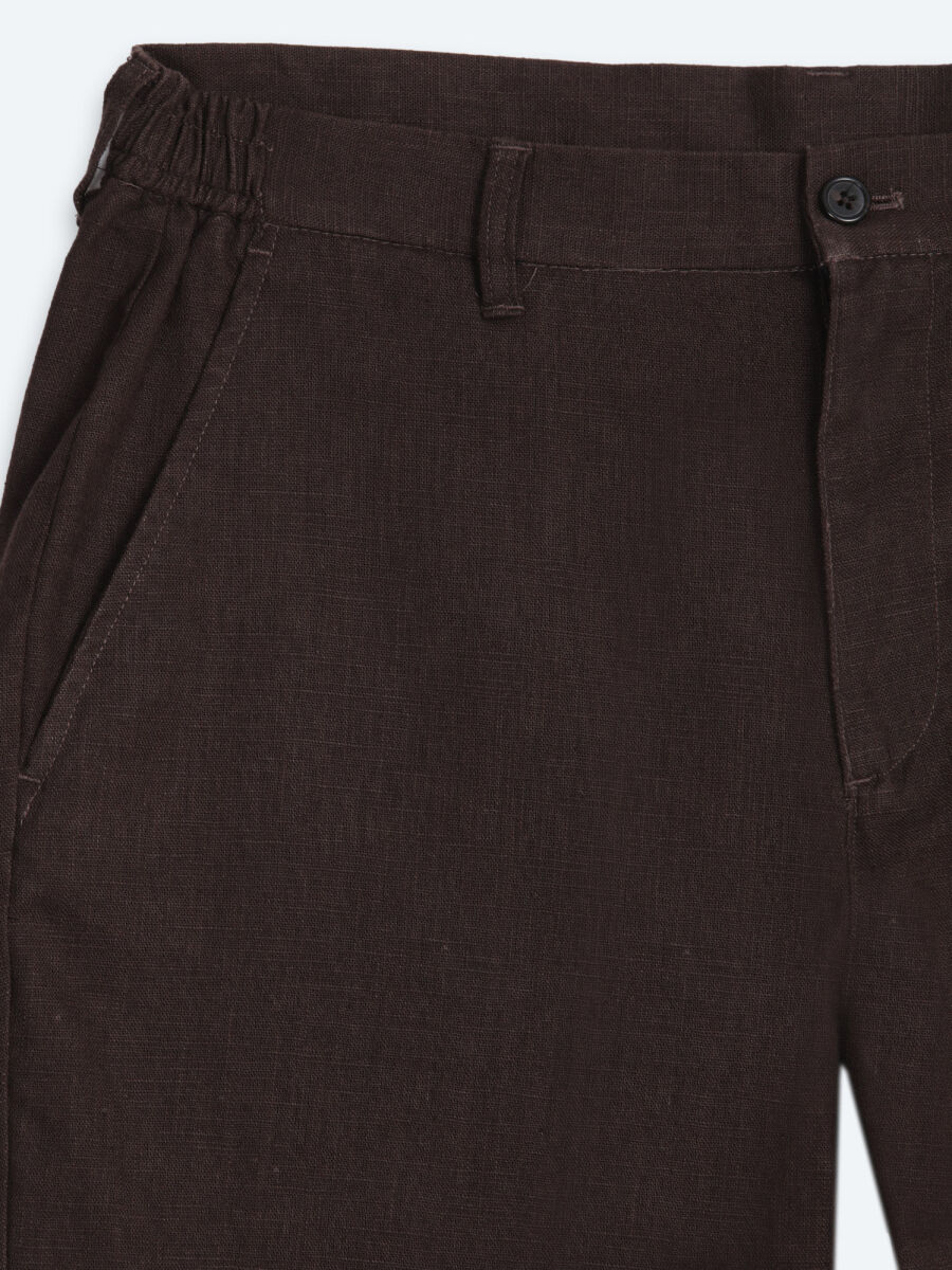 Brown Weaving Relaxed Fit Casual Cotton Blended Trousers - 7