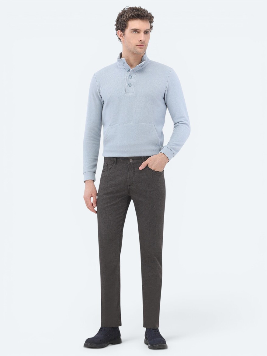 Brown Weaving Slim Fit Casual Cotton Blended Trousers - KİP