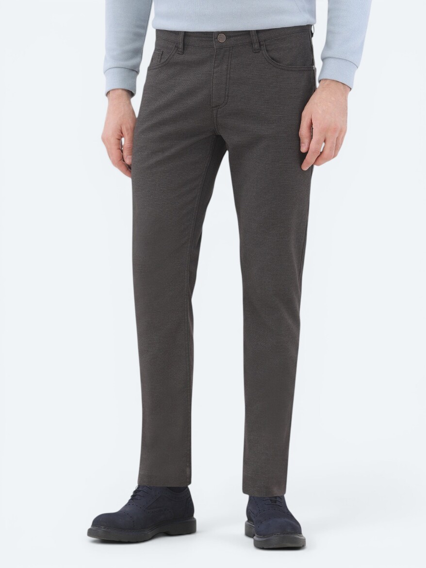 Brown Weaving Slim Fit Casual Cotton Blended Trousers - KİP