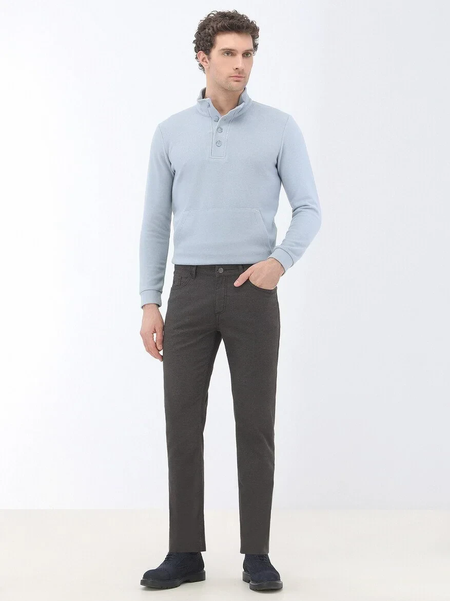 Brown Weaving Slim Fit Casual Cotton Blended Trousers - 2