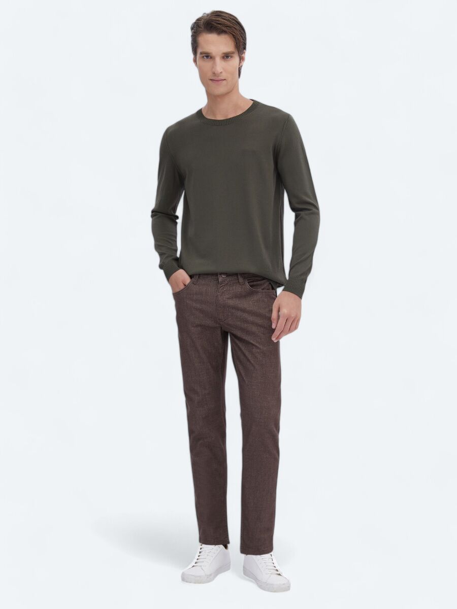 Brown Weaving Slim Fit Casual Cotton Blended Trousers - 1
