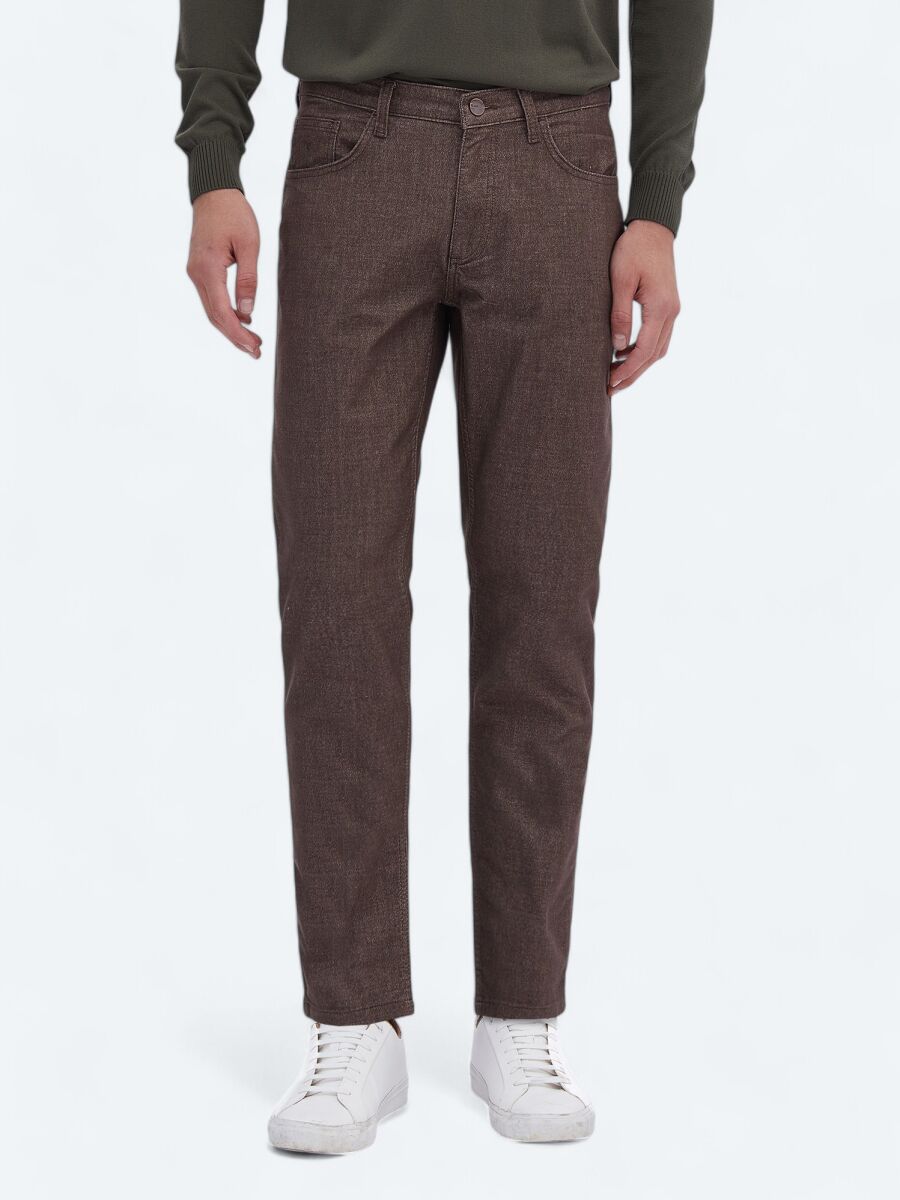 Brown Weaving Slim Fit Casual Cotton Blended Trousers - 2