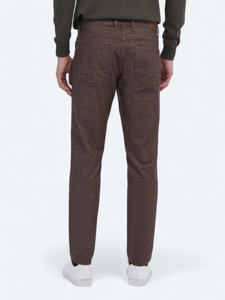 Brown Weaving Slim Fit Casual Cotton Blended Trousers - 4