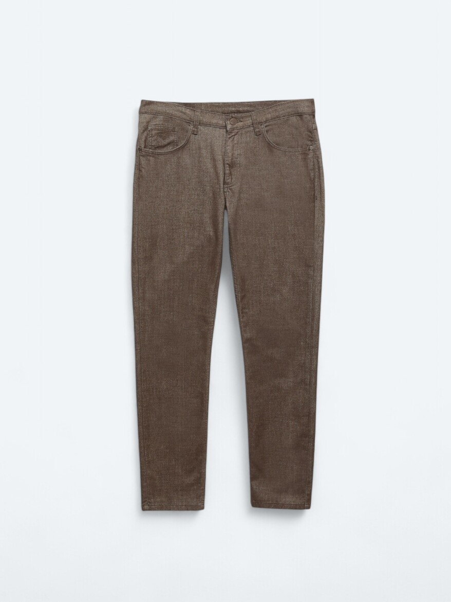 Brown Weaving Slim Fit Casual Cotton Blended Trousers - 5