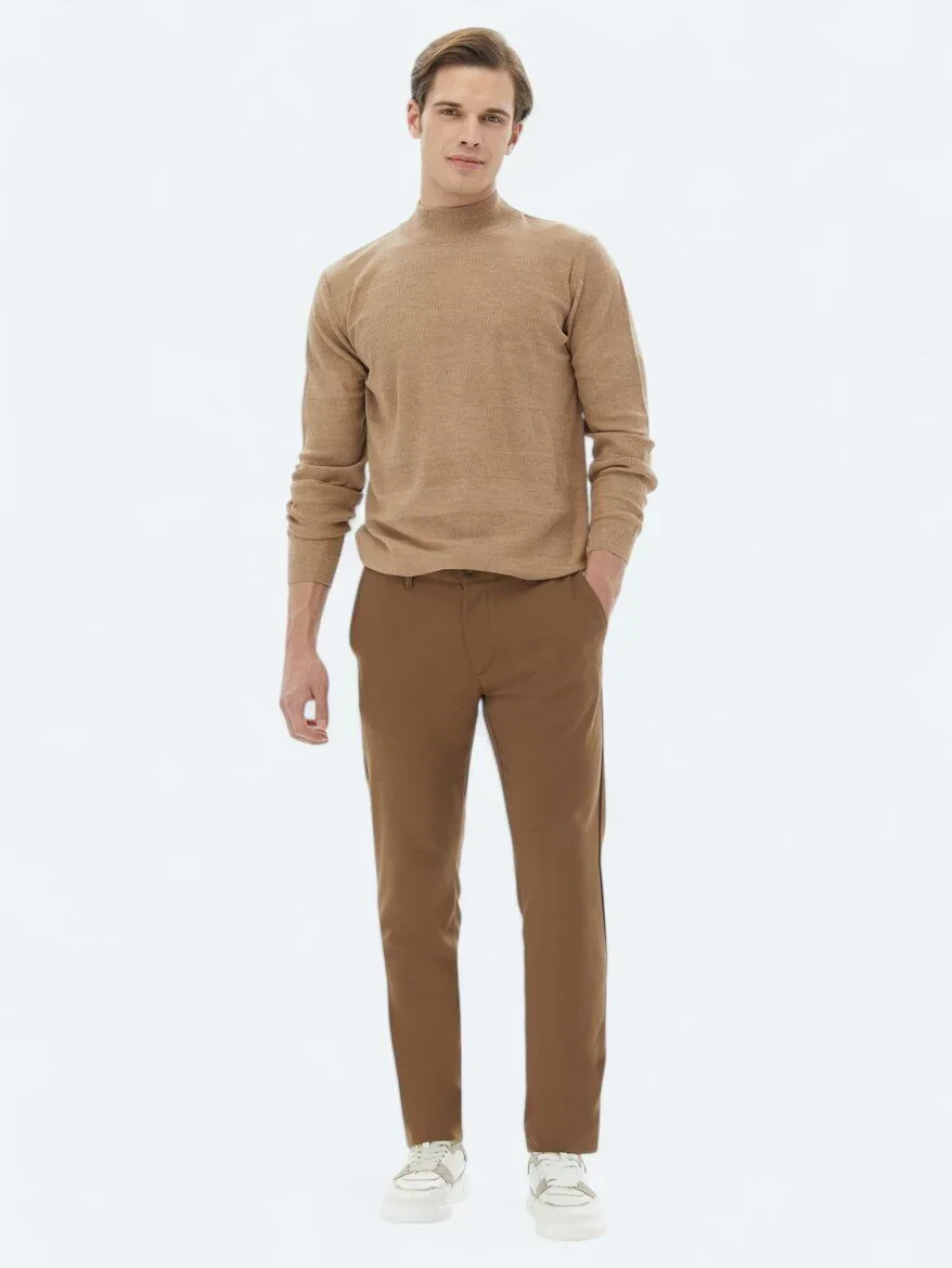 Brown Weaving Slim Fit Casual Trousers - 1