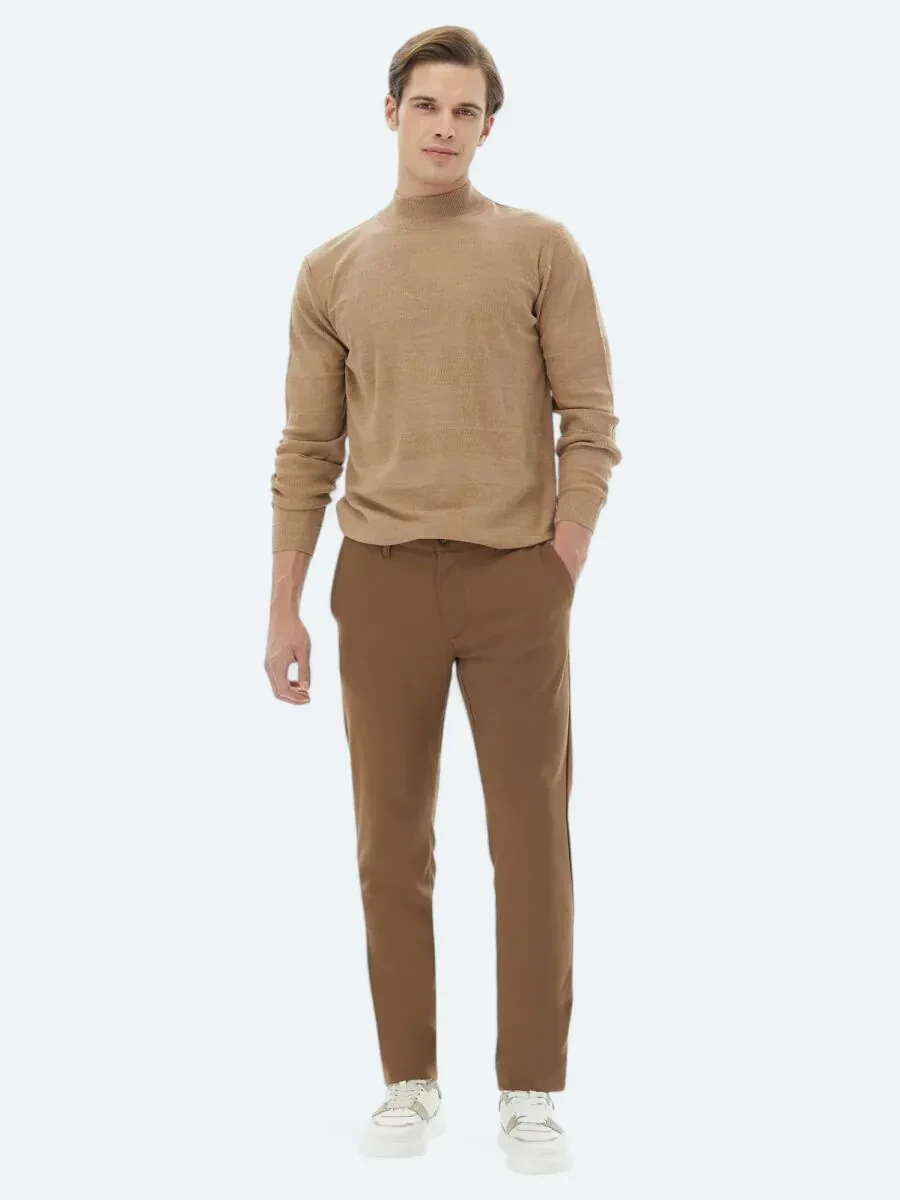 Brown Weaving Slim Fit Casual Trousers - 1