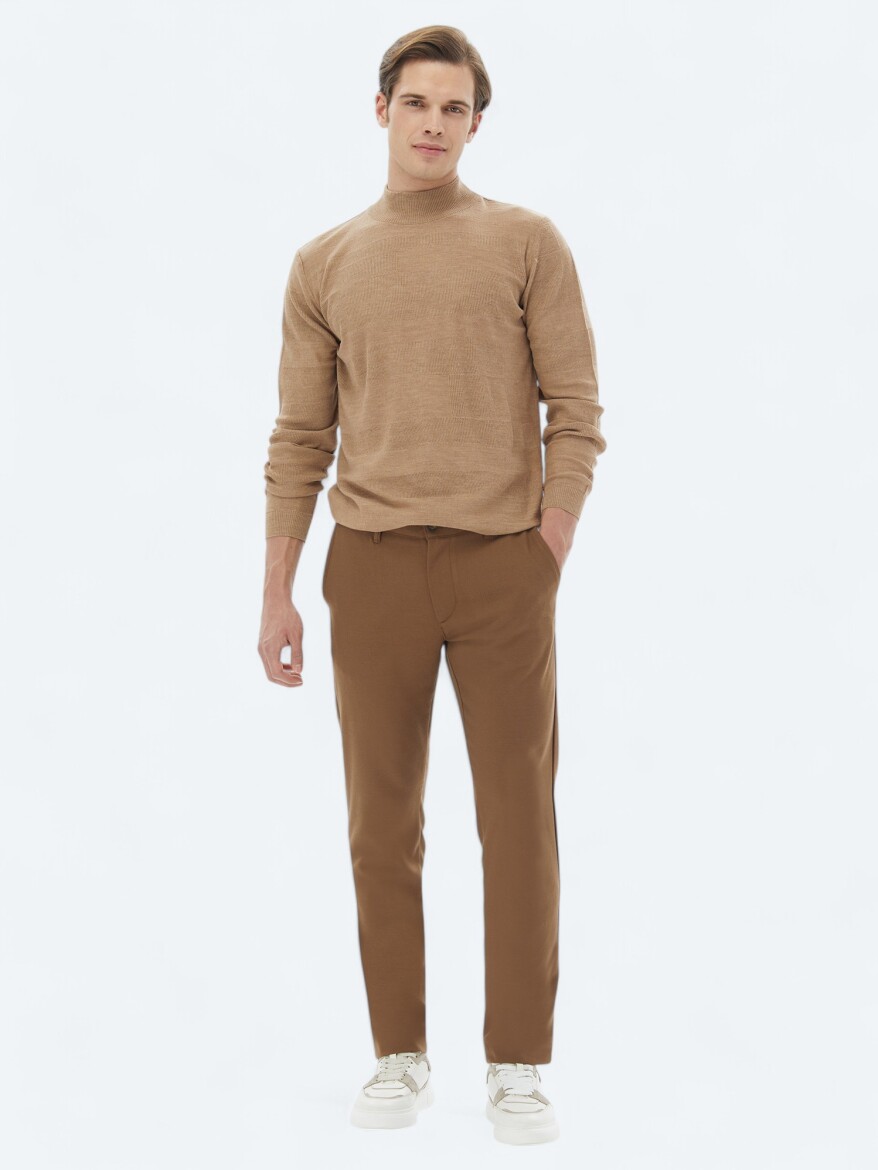 Brown Weaving Slim Fit Casual Trousers - KİP