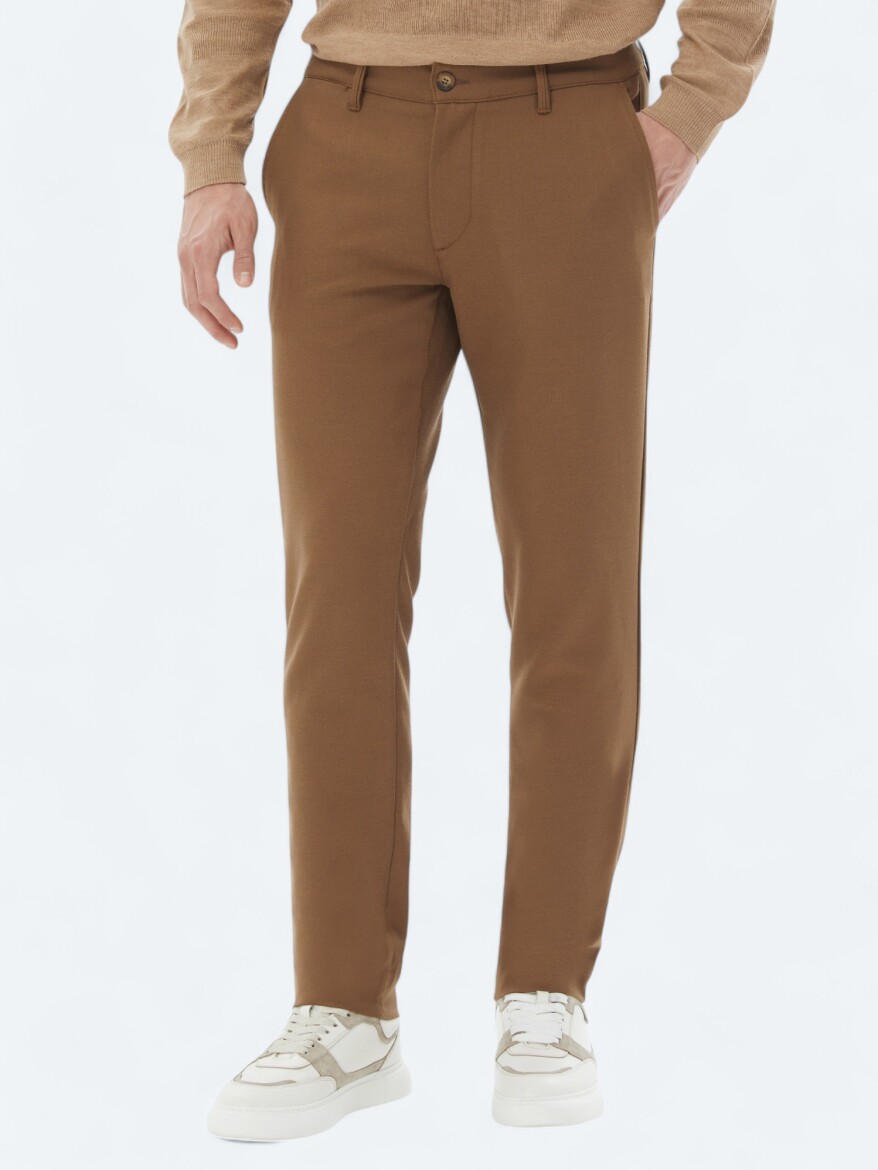 Brown Weaving Slim Fit Casual Trousers - KİP