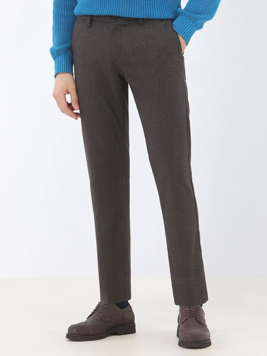 Brown Weaving Slim Fit Smart Casual Trousers - 1