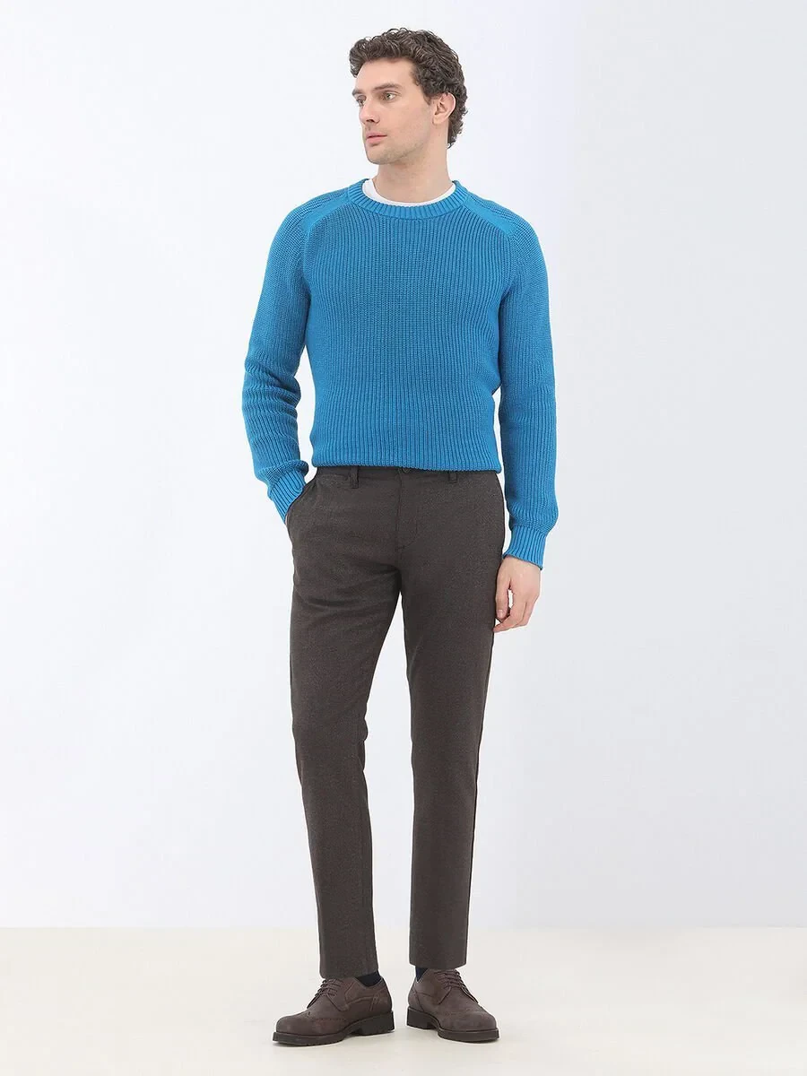 Brown Weaving Slim Fit Smart Casual Trousers - 2