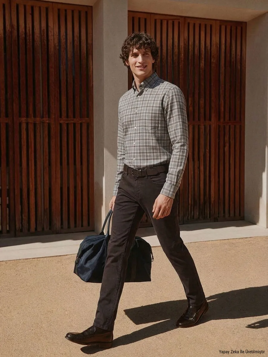 Brown Weaving Slim Fit Sport Cotton Blended Trousers - 2