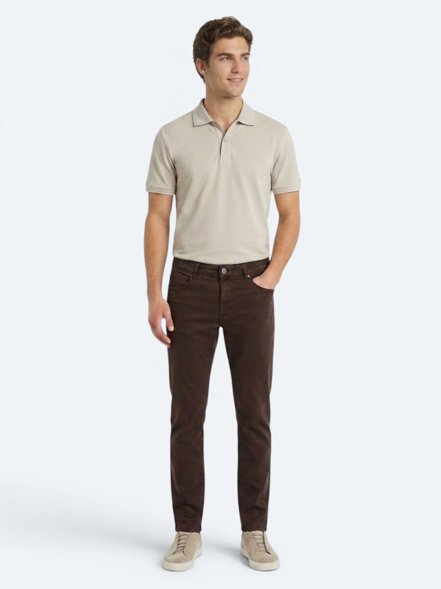 Brown Weaving Slim Fit Sport Cotton Blended Trousers - 1