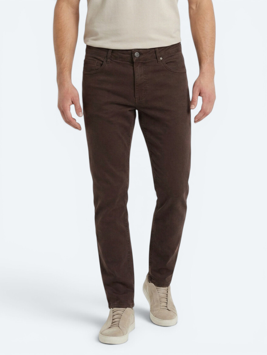 Brown Weaving Slim Fit Sport Cotton Blended Trousers - 2