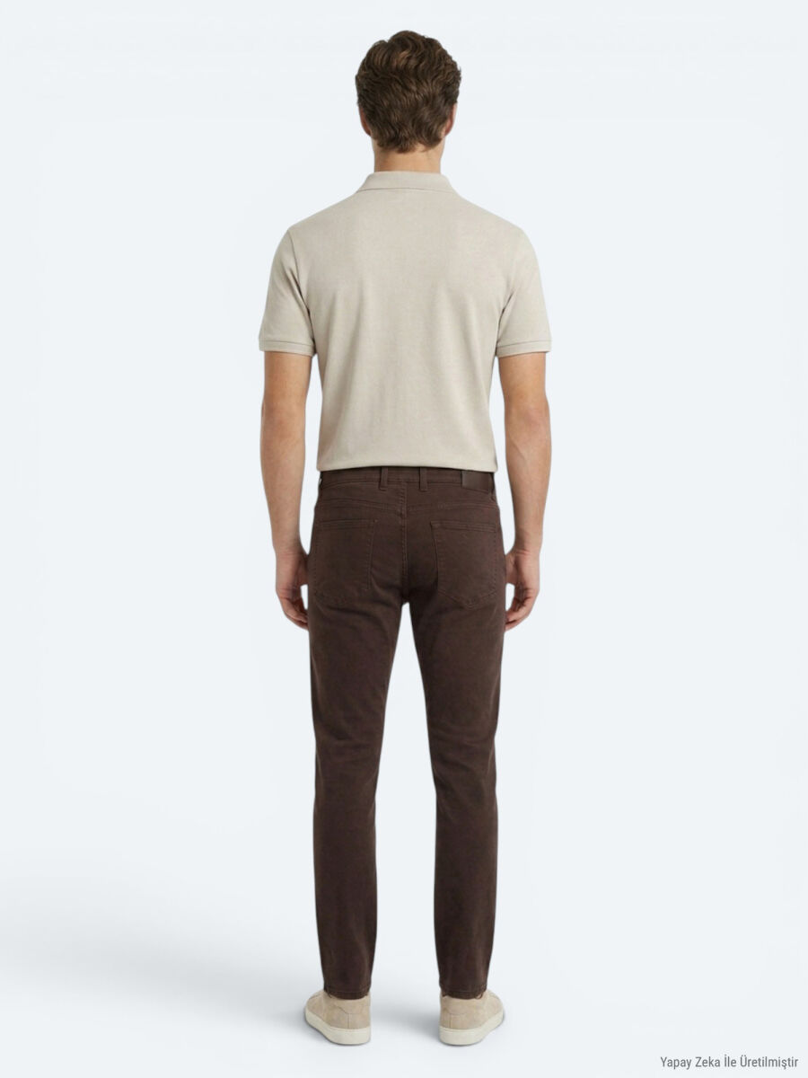 Brown Weaving Slim Fit Sport Cotton Blended Trousers - 5