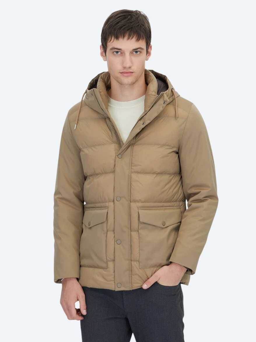 Buff Hooded Casual Weaving Coat - 1