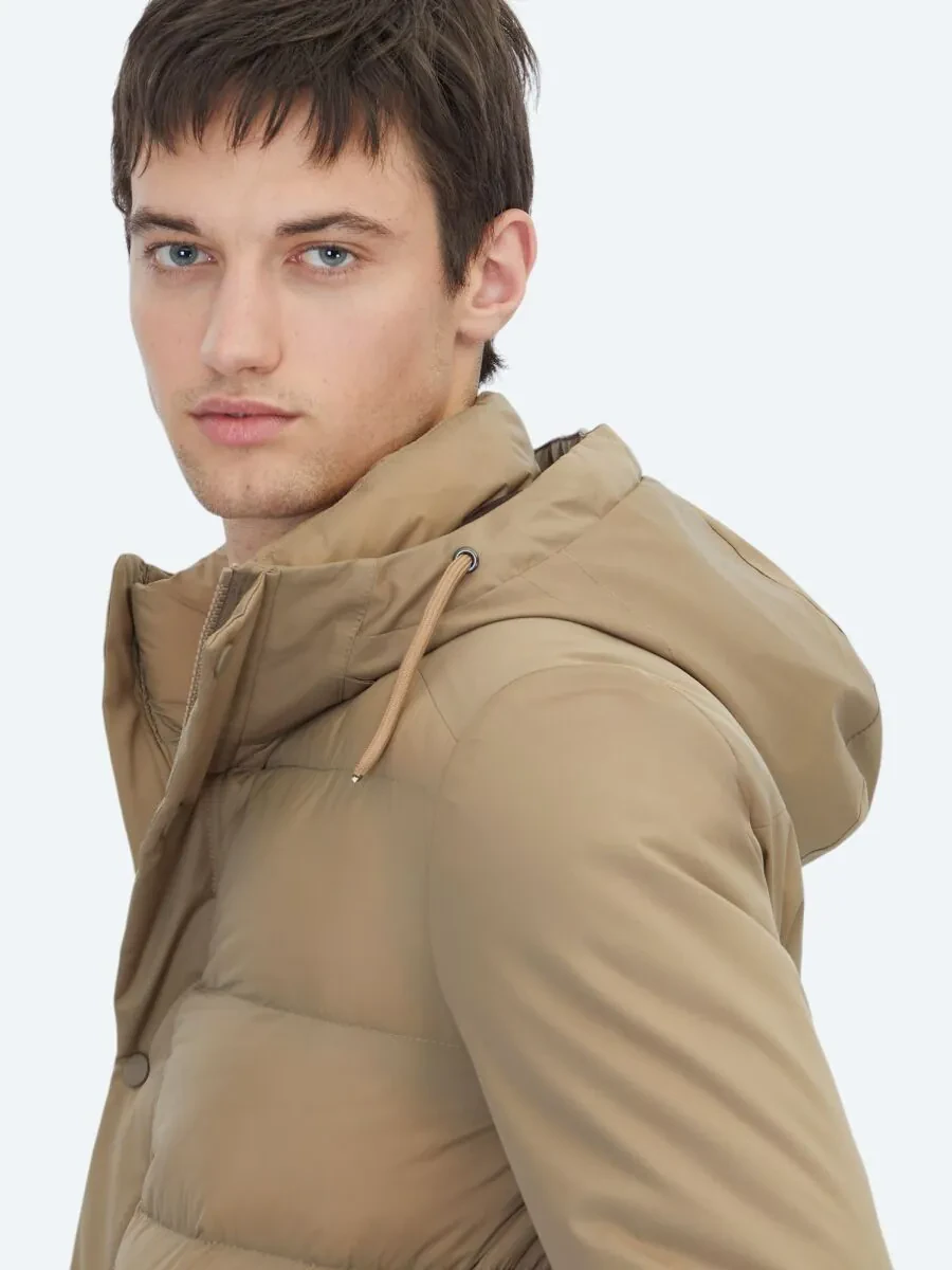 Buff Hooded Casual Weaving Coat - 5