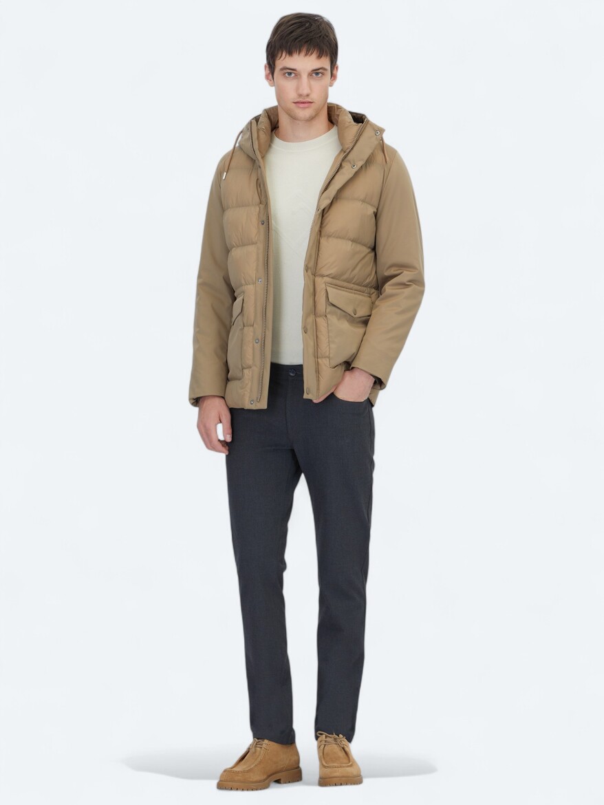 Buff Hooded Casual Weaving Coat - KİP