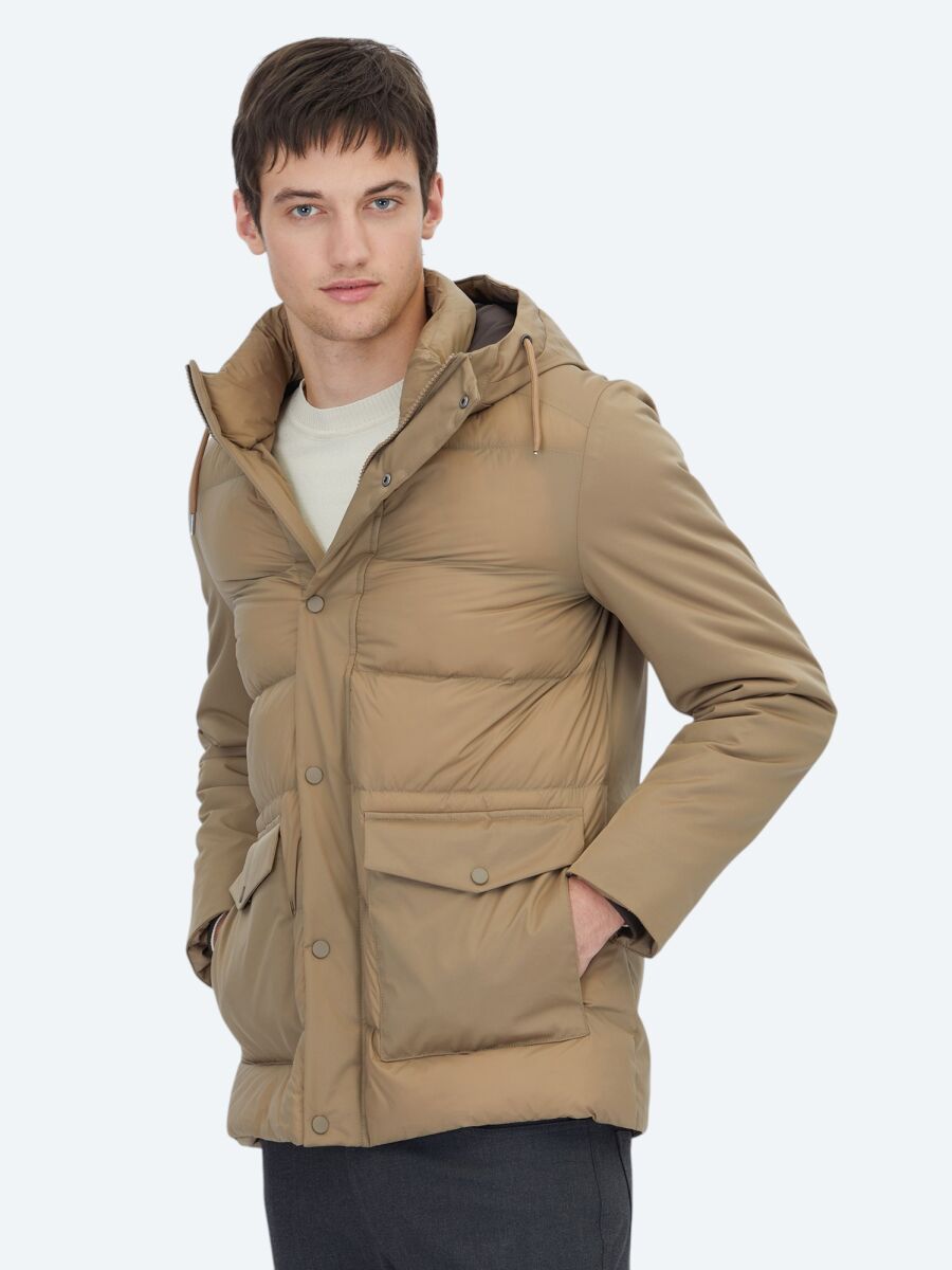 Buff Hooded Casual Weaving Coat - 4