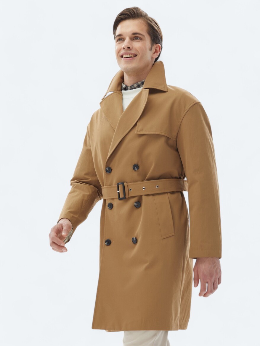 Buff Oversize Fit Double Breasted Collar Casual Weaving Rain Coat 