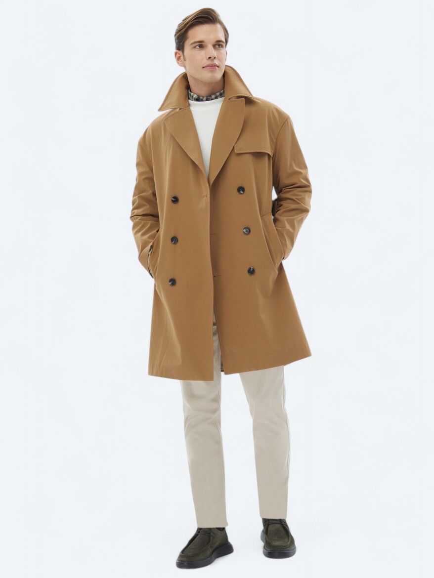 Buff Oversize Fit Double Breasted Collar Casual Weaving Rain Coat - KİP