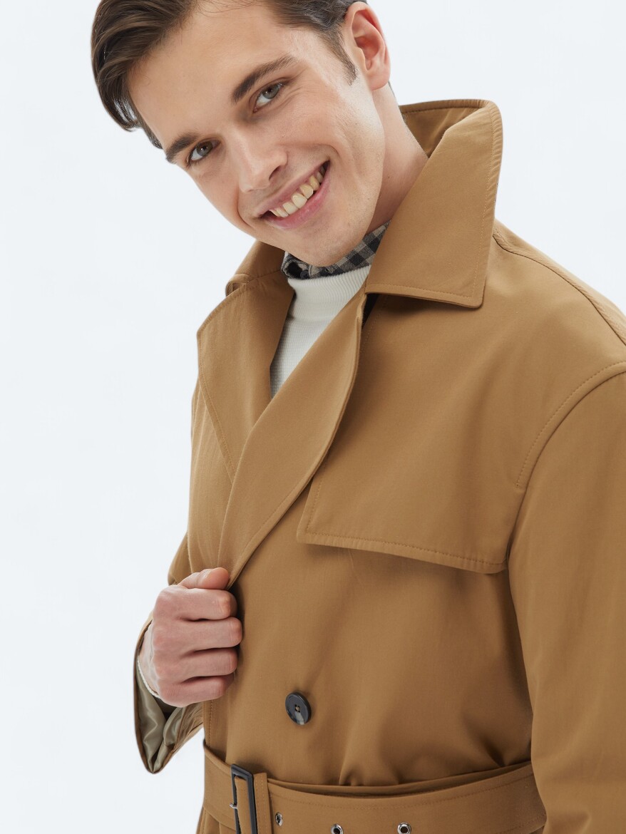 Buff Oversize Fit Double Breasted Collar Casual Weaving Rain Coat - 4