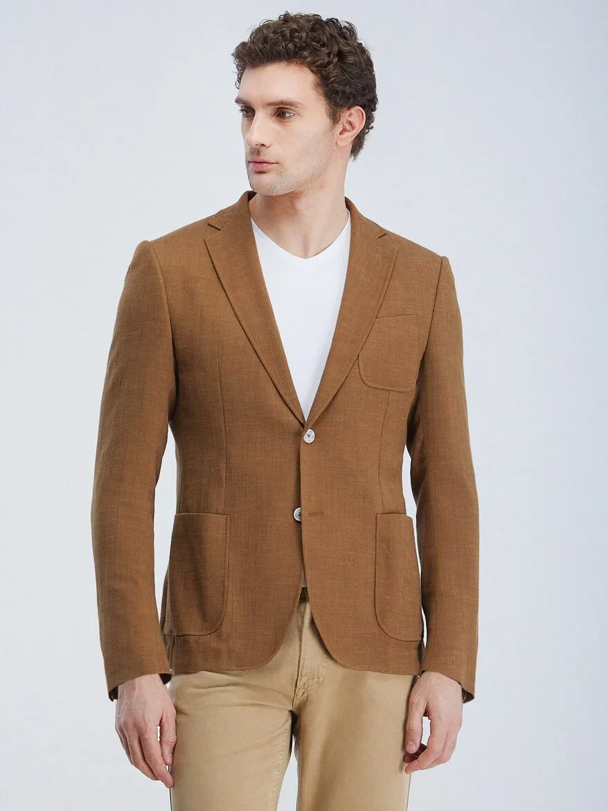 Buff Plain Modern Fit Cotton Blended Jacket - 1