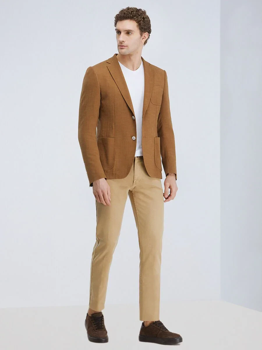 Buff Plain Modern Fit Cotton Blended Jacket - 2
