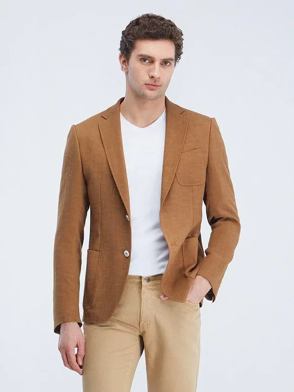 Buff Plain Modern Fit Cotton Blended Jacket - 3