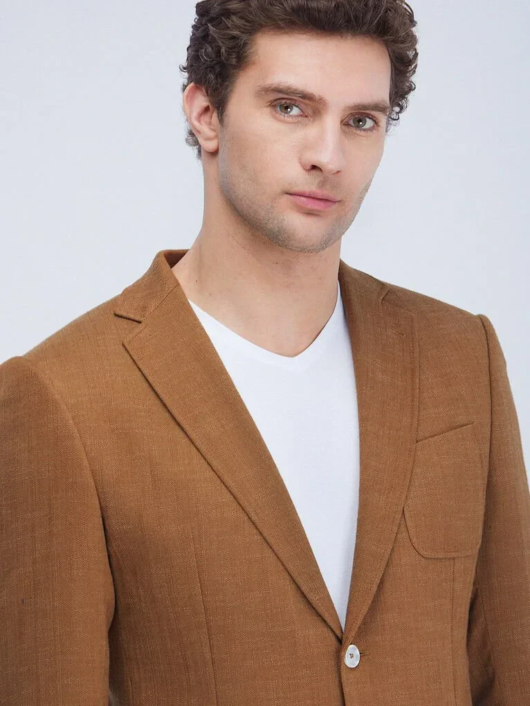 Buff Plain Modern Fit Cotton Blended Jacket - 4