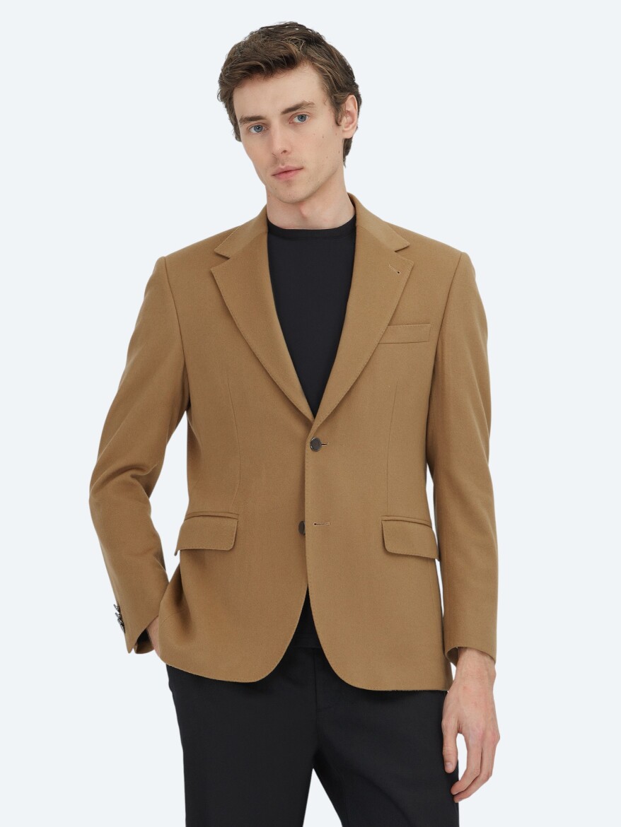 Buff Plain Modern Fit Wool Blended Jacket - KİP